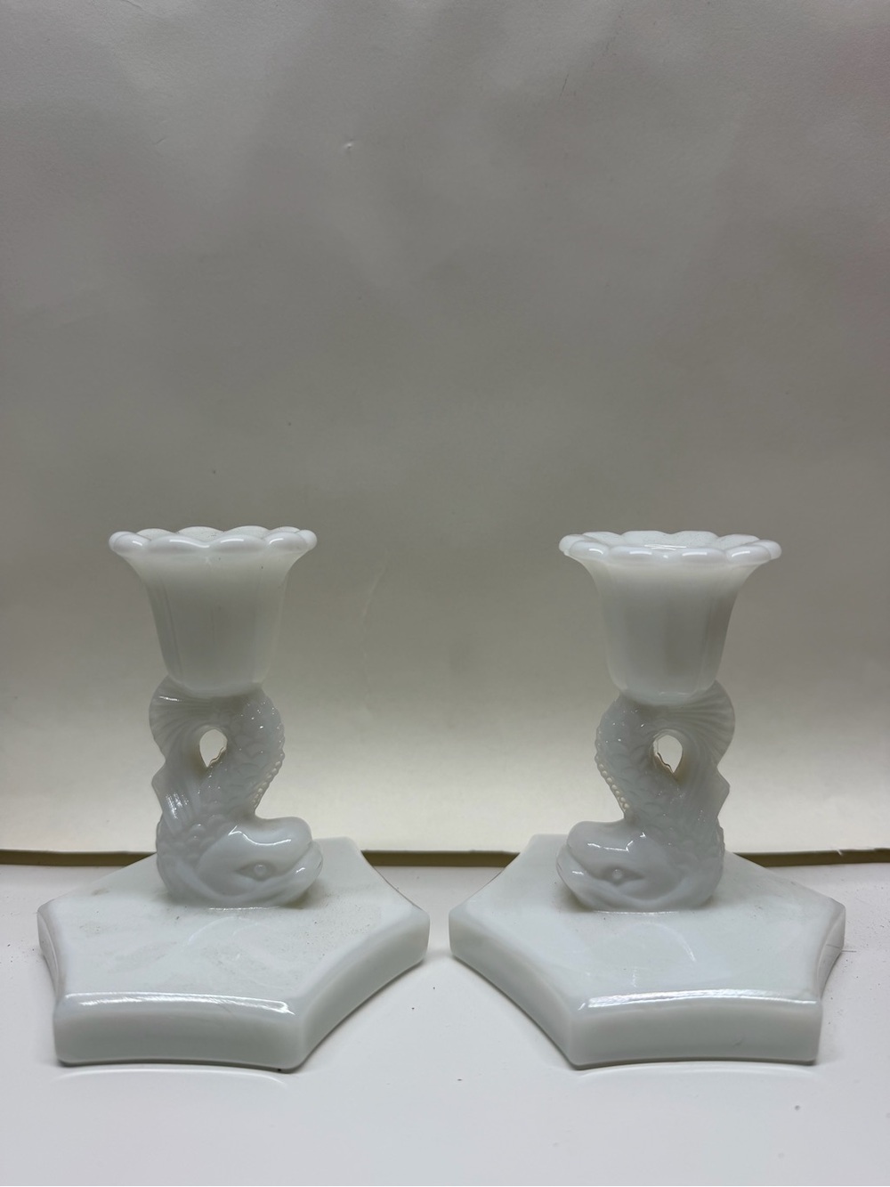 Vintage Westmoreland Milk Glass Dolphin Candle Holders - Set of 2